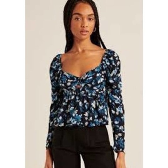 Abercrombie & Fitch black & blue floral smocked babydoll cropped blouse - Picture 1 of 4